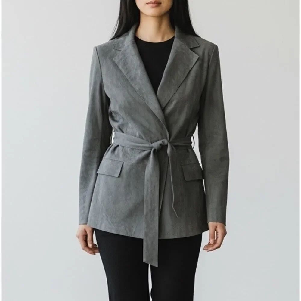 NWT $1295 Theory Belted Lamb Leather Blazer Jacket Slate Grey Size 4